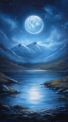 Wall Mural - A tranquil mountain landscape under a glowing full moon
