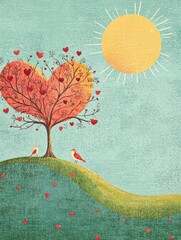Aufkleber - Whimsical hand drawn Valentines Day design featuring a heart shaped tree and cheerful birds under a sunny sky. Generative AI