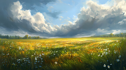 Canvas Print - A wide, open field with tall grasses and wildflowers under a cloudy sky, creating a serene, windswept landscape. Windswept. Illustration