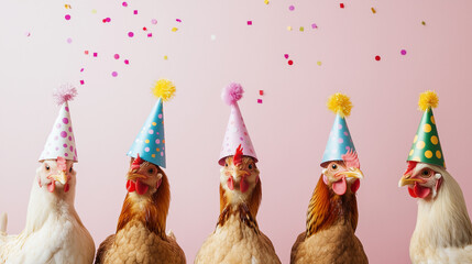 chickens in colorful party hats celebrating with joy and laughter, festive scene humor, celebrations