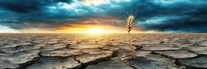 Poster - Barren field with a single stalk of withered wheat against a dramatic sky at sunset. Generative AI