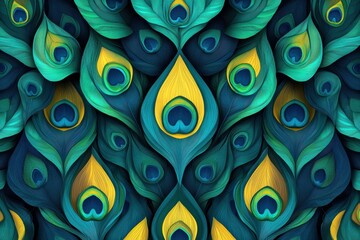Poster - Overlapping pattern of vibrant peacock feathers featuring colorful hues and ample space for creative design elements. Generative AI