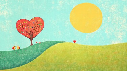 Leinwandbilder - Whimsical hand drawn Valentines Day design with heart tree and cheerful landscape waiting for your text. Generative AI