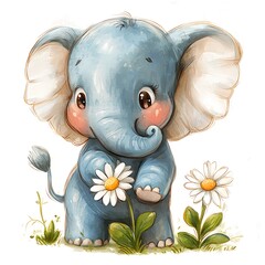 Wall Mural - Adorable Baby Elephant with Daisies Watercolor-Style Illustration.