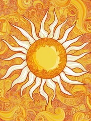 Poster - Vibrant doodle of a sun with bright rays radiating warmth and happiness in a colorful background. Generative AI