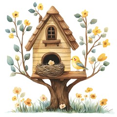 Wall Mural - Charming Watercolor Illustration of a Birdhouse on a Tree with Flowers and a Bird.