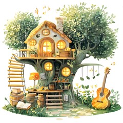 Wall Mural - Enchanting Treetop House with Guitar and Musical Notes in a Whimsical Watercolor Illustration.