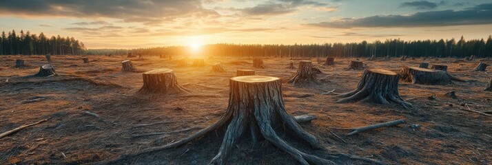 Poster - Deforestation reveals stumps under sunset in cleared landscape near forested area. Generative AI
