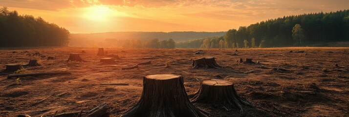 Poster - Deforested landscape at sunset revealing tree stumps and barren earth in a clearing surrounded by distant trees. Generative AI