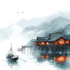 Wall Mural - Serene Waterscape A Watercolor Painting of Houses on Stilts at Dusk.