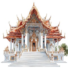 Wall Mural - Watercolor Painting of a Grand Thai Temple with Elaborate Architecture and Steep Staircase.