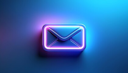 Poster - A vibrant neon email icon against a blue background, symbolizing digital communication and modern technology.