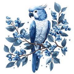 Sticker - A Blue Parrot Perched on a Branch of Blue Berries, a Watercolor-Style Illustration.