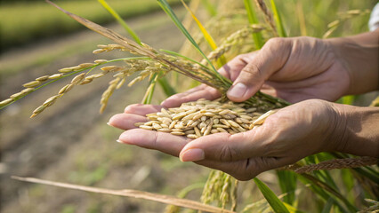 Harvesting rice grains with hands, showcasing agriculture importance and connection to nature