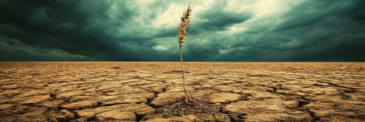 Poster - Withered wheat stalk stands alone in a dry barren field under an ominous sky before an impending storm. Generative AI