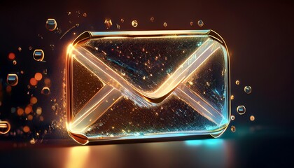 Poster - A glowing, transparent email icon surrounded by floating bubbles, set against a dark background, representing digital communication and technology.