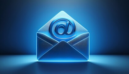 Poster - A glowing email icon featuring an '@' symbol, set against a dark blue background, representing digital communication.
