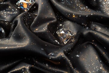 Aufkleber - Large sparkling diamonds on luxurious black fabric with shimmering textures perfect for mock up design and text application. Generative AI