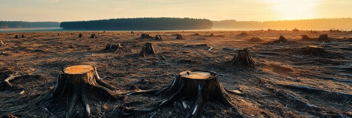 Poster - Deforested landscape showcases stark tree stumps against a backdrop of fading sunlight and distant forest. Generative AI