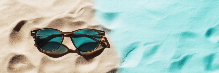 Aufkleber - Summer sunglasses resting on sandy beach with turquoise water on a sunny day perfect for relaxation and fun. Generative AI