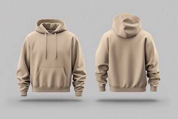 Beige hoodie is shown with the hood up and the sleeves rolled up. The hoodie is tan in color