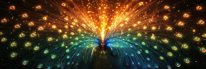 Fototapete - Vibrant display of peacock tail feathers in radiant colors enhancing a whimsical atmosphere. Generative AI