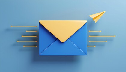 Poster - A vibrant blue envelope with a golden flap and a paper airplane, symbolizing communication and speed against a light blue background.
