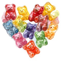 Watercolor painting of colorful gummy bear candies arranged in a heart shape.