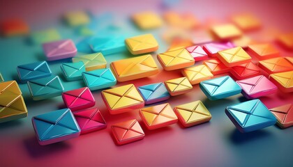 Poster - A vibrant collection of colorful envelope icons arranged on a gradient background, symbolizing communication and digital messaging.