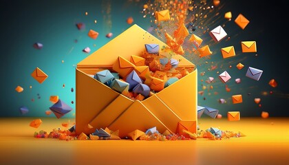 Poster - An explosion of colorful envelopes bursts from a yellow envelope, creating a vibrant display against a blue background.