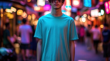 Wall Mural - Teenager in teal shirt standing in a vibrant, blurry city street at night.