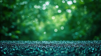 Sparkling teal glitter on dark green bokeh background.
