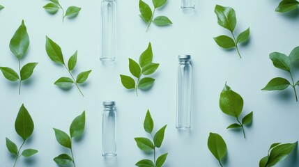 Poster - Minimalist arrangement of fresh green leaves and transparent glass vials on a soft background showcasing natural elegance and simplicity