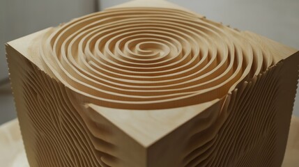 Poster - intricate wooden cube showcasing an optical illusion with stacked ryzophus slices and mesmerizing sp