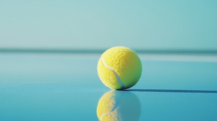 Yellow tennis ball resting on clear blue court