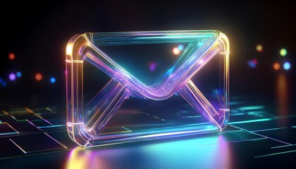 Poster - A glowing, futuristic email icon made of transparent materials against a dark, vibrant background filled with colorful lights.
