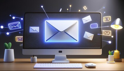 Poster - A computer monitor displays an animated email icon, with glowing envelopes and data graphics, symbolizing digital communication and connectivity.