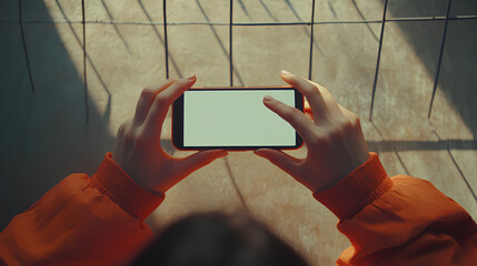 Poster - Mockup, woman's hands holding mobile phone with finger touching on blank screen. Woman using smartphone, looking at the screen, overhead shot