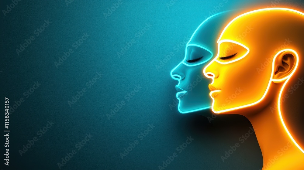 Abstract neon profile of a human face with glowing orange and blue ...