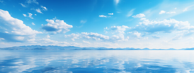 Wall Mural - sea landscape. sky over calm sea. blue sea and sunny sky on horizon over calm water