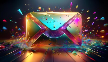 Poster - A vibrant, colorful illustration of an envelope bursting with dynamic shapes and colors, symbolizing communication and digital interaction.