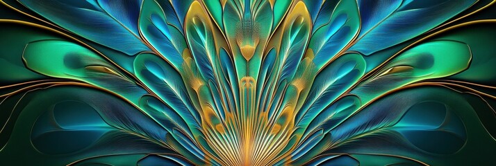 Poster - Intricate overlapping peacock feather pattern with ample space for text, showcasing vibrant colors and detailed design. Generative AI