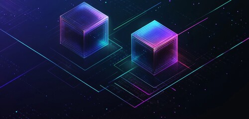 Poster - Two glowing cubes on a dark circuit board, representing data or technology.