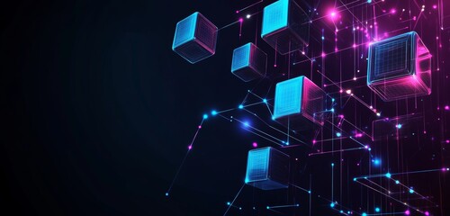 Poster - Abstract digital network with glowing cubes and lines.