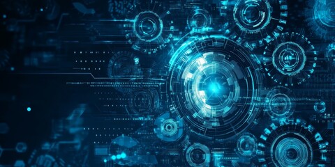 Poster - Abstract digital technology background with glowing circles and data streams.