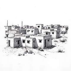 Wall Mural - Ink Drawing of a Desert Village Simple Houses and Sparse Landscape.