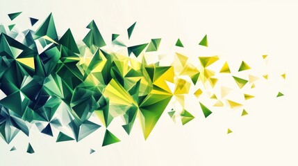 Fototapete - Abstract Green and Yellow Geometric Shapes Exploding in White Background: Dynamic Polygonal Art