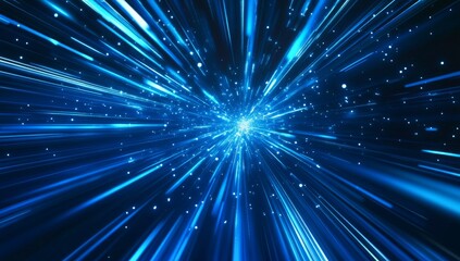 Poster - Abstract blue light streaks radiating outwards from a central point, resembling a burst of energy or speed.