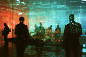 Poster - Silhouetted figures in a room with a futuristic data visualization projection.