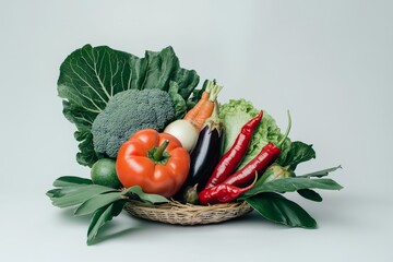 Wall Mural - Colorful fresh vegetables in a wicker basket on a white background.